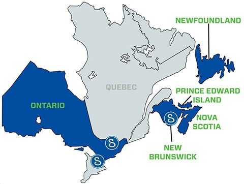 Service area map for Ontario and Atlantic Canada